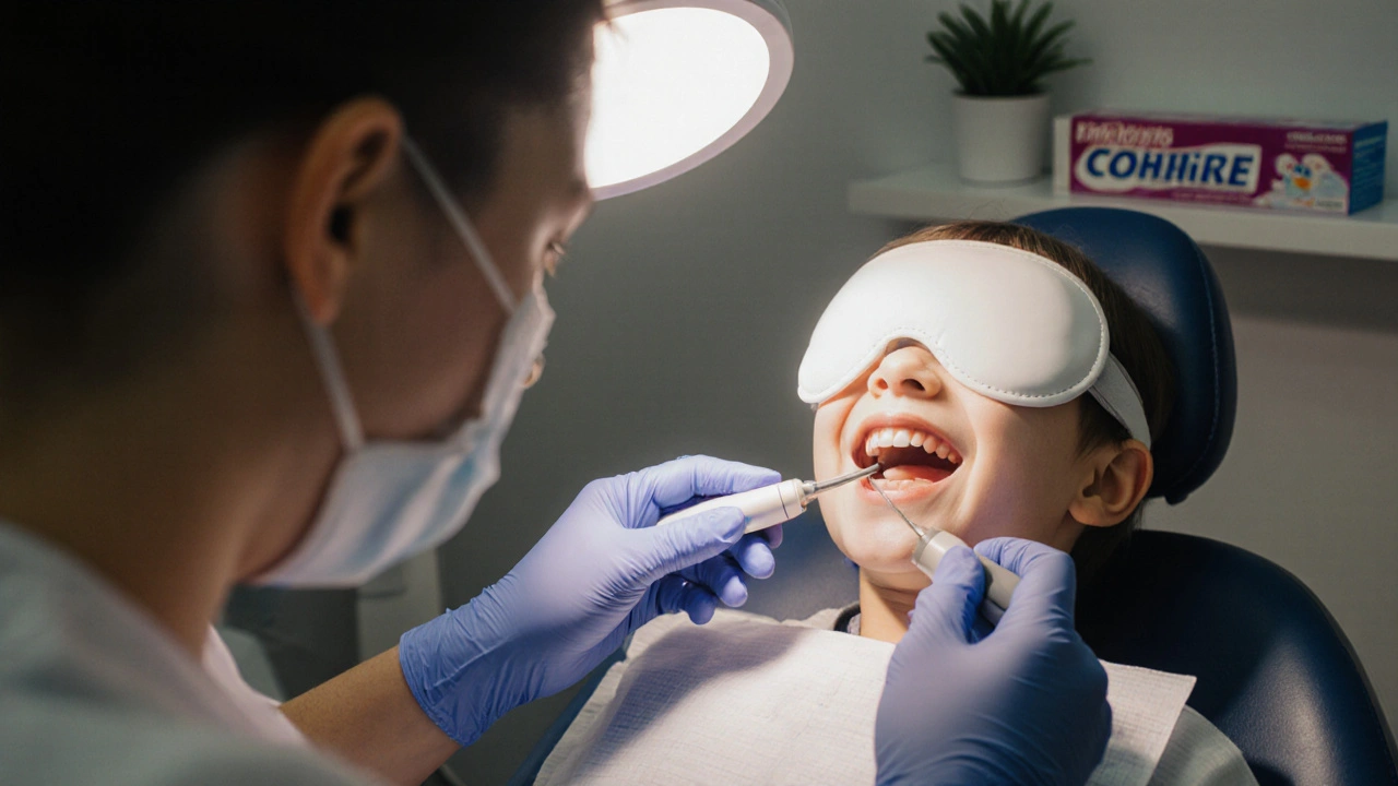 Dentista používá ultrazvukový čistič na dětském zubu, dítě v pohodové atmosféře.
