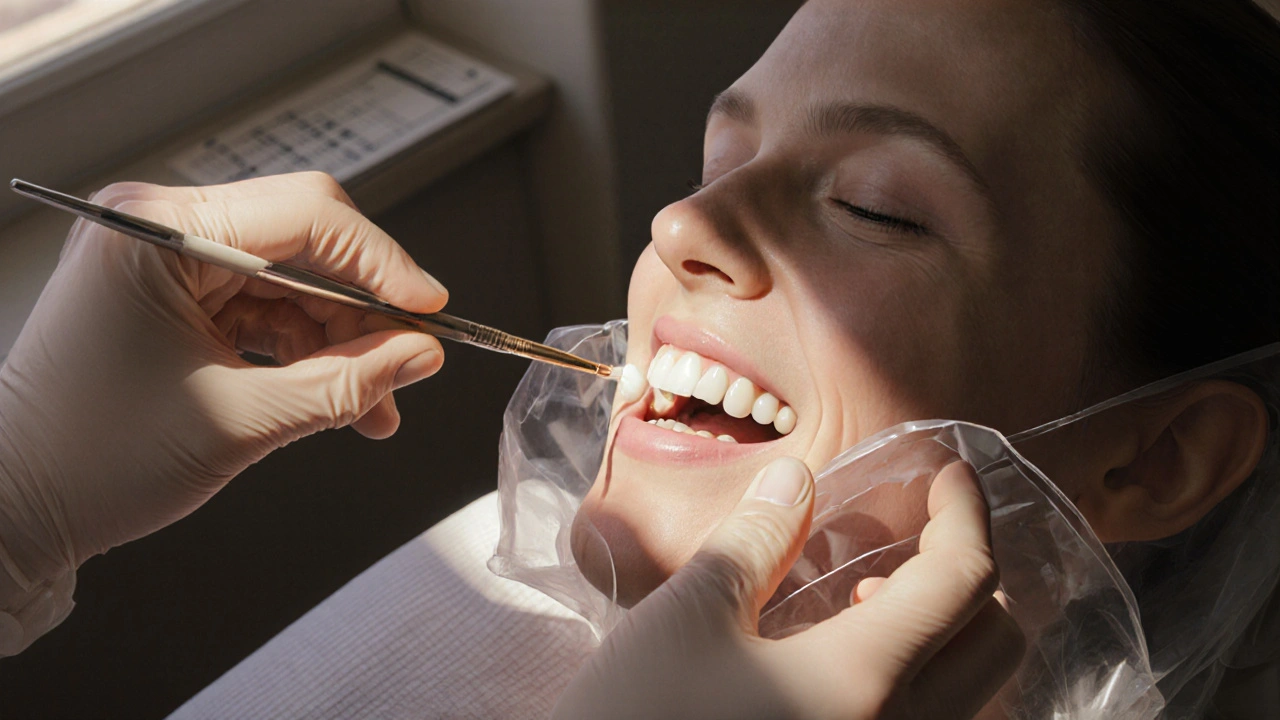 Dentista upevňuje keramickou korunku s izolační gumovou membránou a cementem.