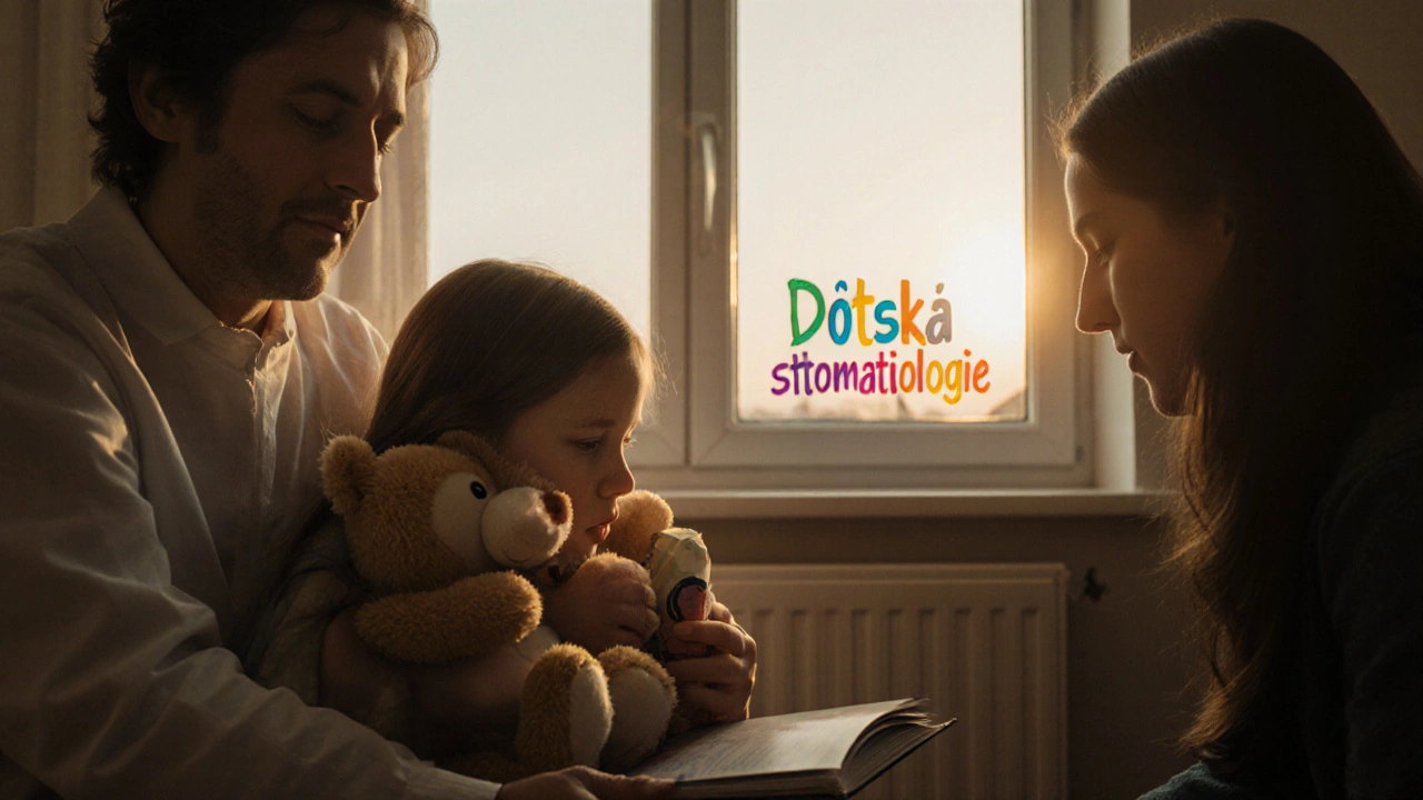 Dítě drží novou knihu a svou oblíbenou hračku po návštěvě zubaře, rodič se k němu naklání a usmívá.