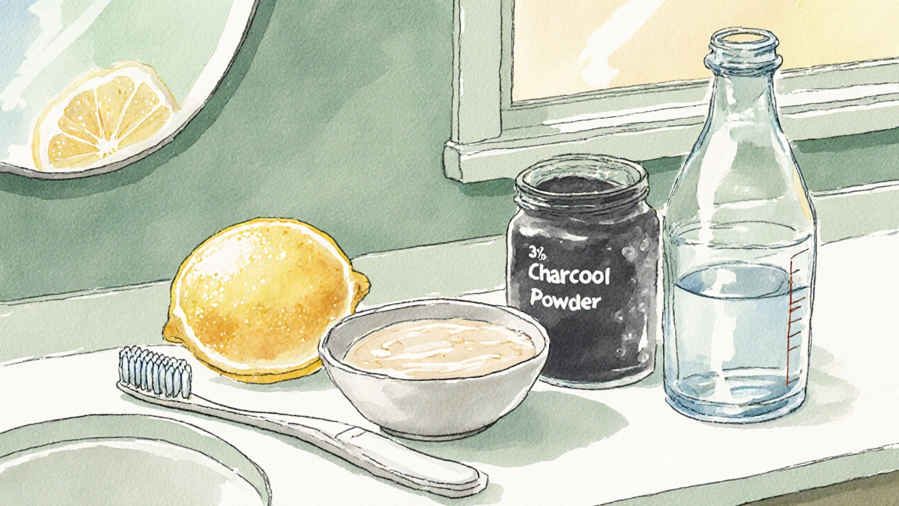Ilustrace ingrediencí pro domácí bělení: jedlá soda, citron, aktivní uhlí, peroxid.