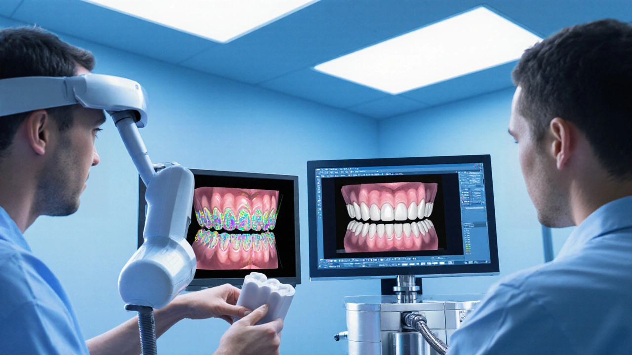 Intraúrový skener zachycuje 3D data zubu, laborant vyrábí korunku na CNC fréze.