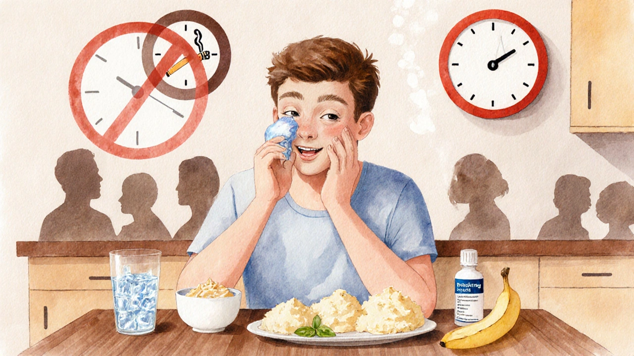 Osoba doma jí měkkou stravu, používá studený obklad a ukazuje zdravé návyky.