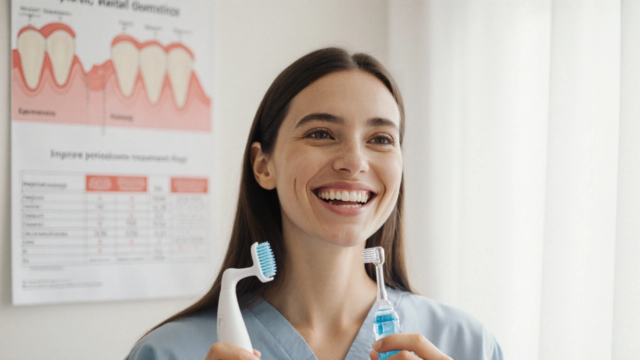 Pacient po úspěšné kyretáži se usmívá s hygienickými pomůckami