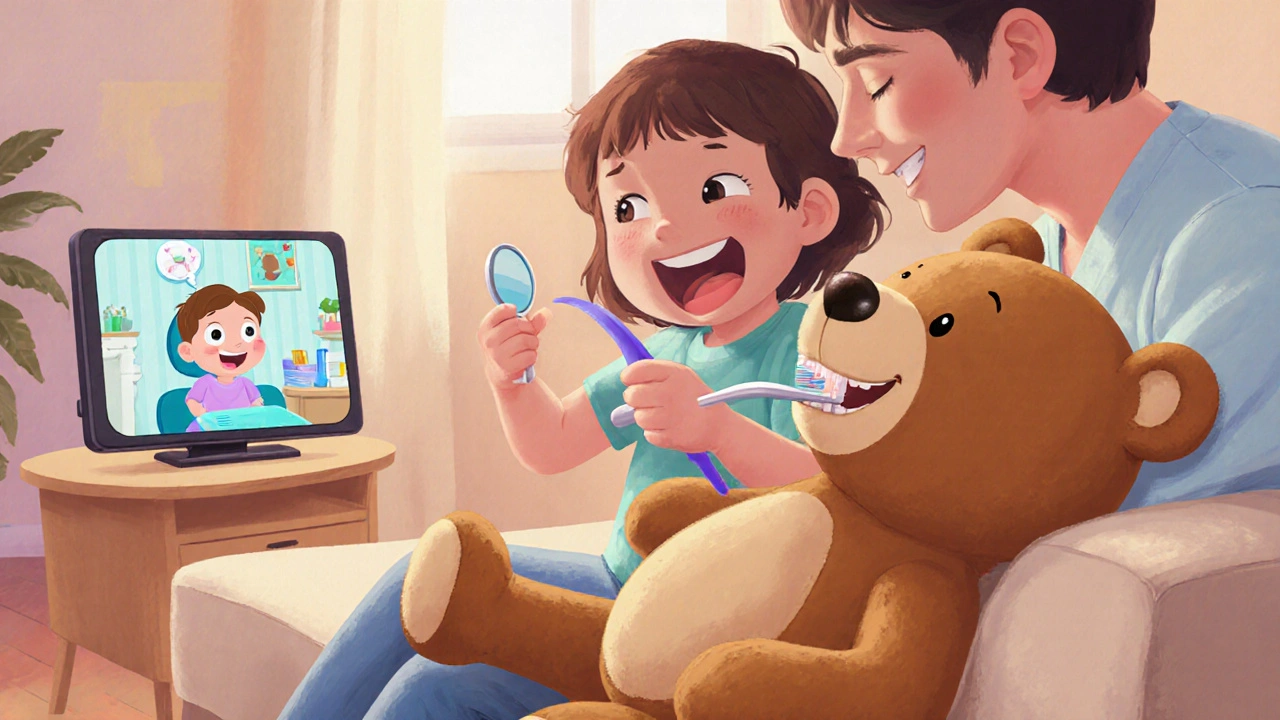 Rodič a dítě hrají hru na zubaře s medvídkiem doma, používají zrcátko a štěteček.