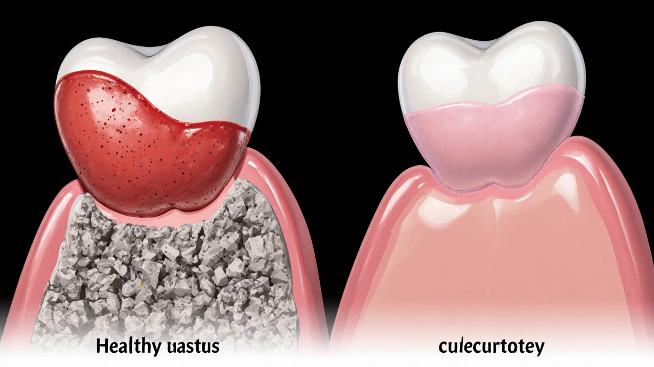 Srovnání zdravé a nemocné dásně s viditelnou ztrátou kosti