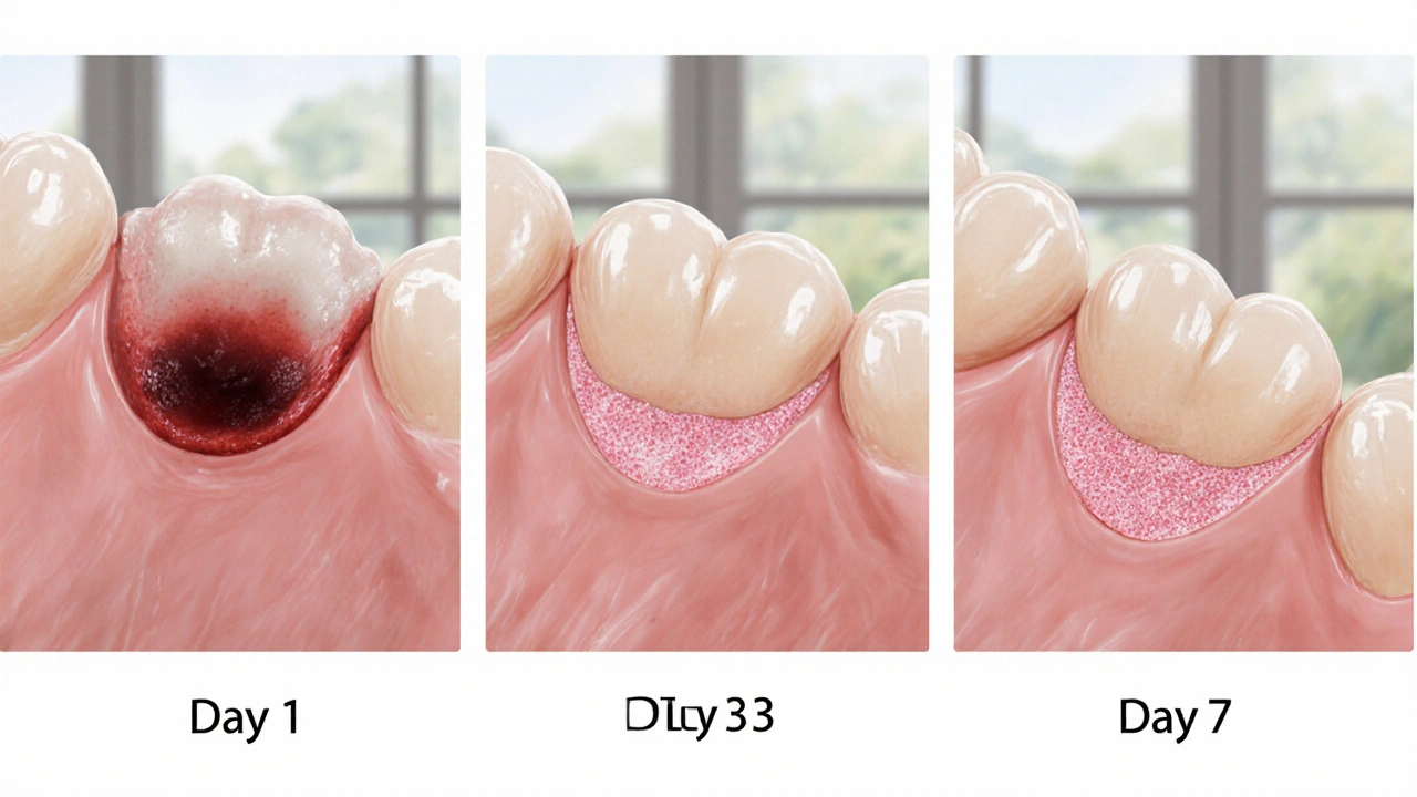Tři záběry ukazují hojení po vytržení zubu během 1., 3. a 7. dne.