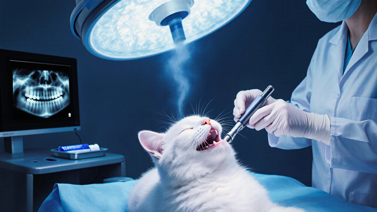 Veterinář provádí profesionální čištění kočičích zubů pomocí ultrazvukového scaleru pod anestézií.