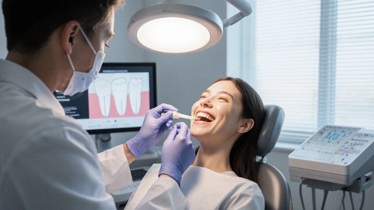 Zubař aplikuje bělicí gel na zuby pacienta v moderní klinice.