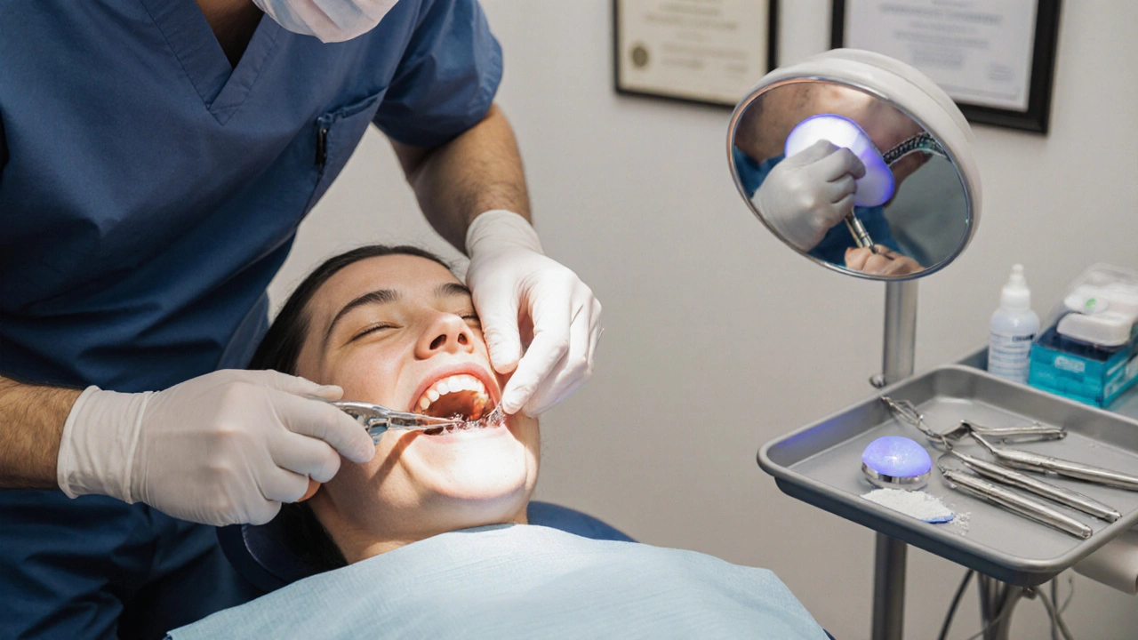 Zubař odstraňuje kaz a aplikuje výplň v dentální ordinaci.