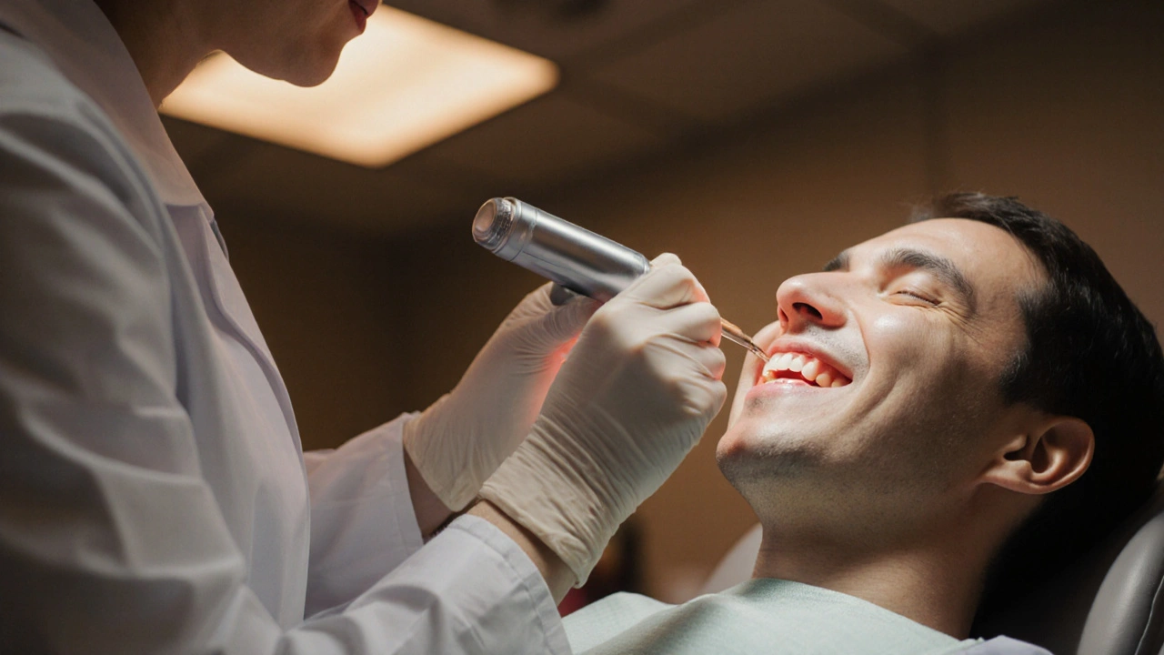 Zubní lékař provádí fluoridovou lakaci a laserovou terapii na citlivých zubech.