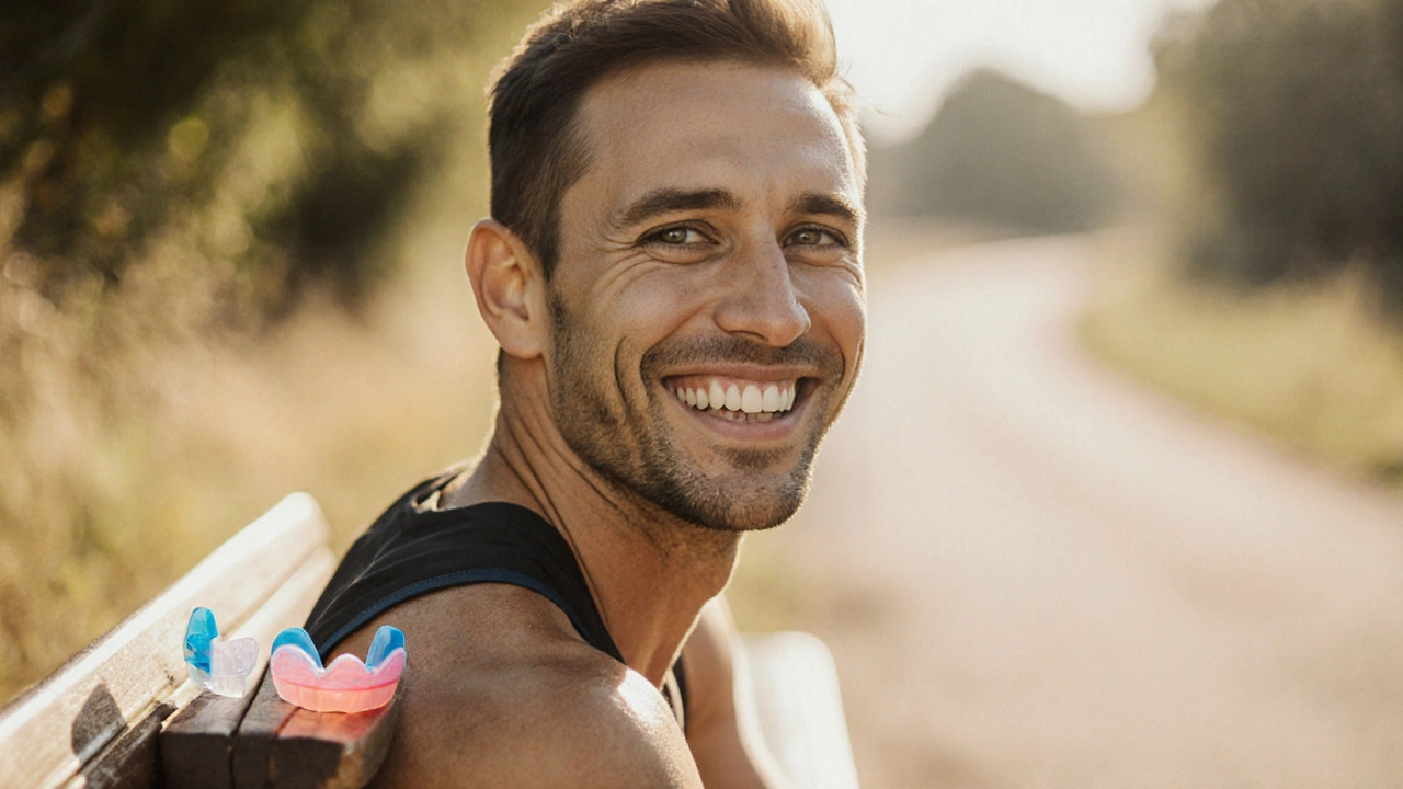 Běžec se smíchem a výrazným zubním implantátem s ochrannou korunkou.