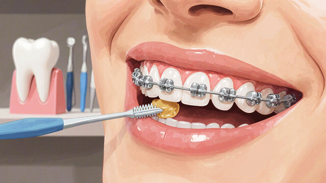 Blízký pohled na zuby s rovnátky, kde vosk zakrývá trčící drát a kartáček čistí kolem závěsu.