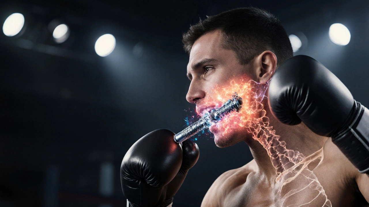 Boxer s nárazovými vlnami a pevně upevněným zubním implantátem v čelisti.