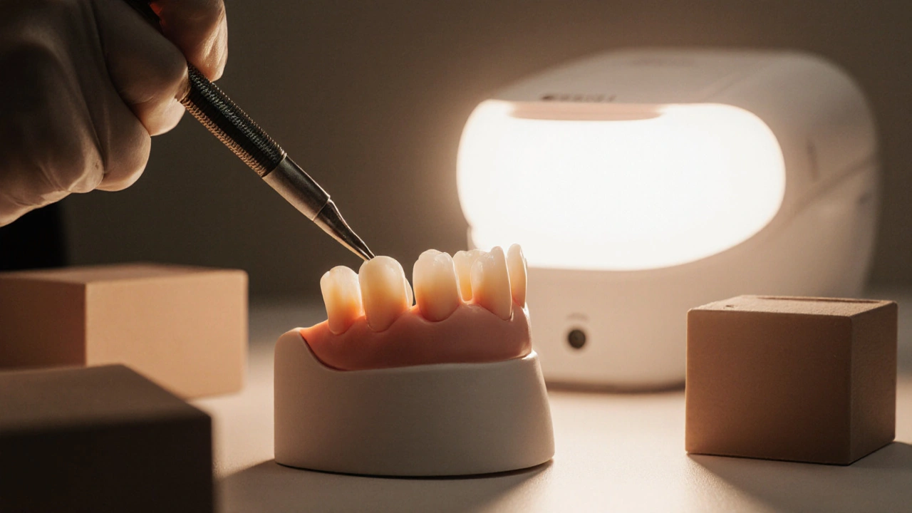 Dentální technik připevňuje keramickou fazetu na model zubu v laboratoři