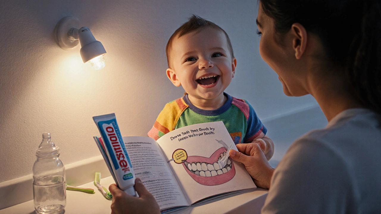 Dítě se směje, když rodič čistí zuby před spaním, zatímco čte knížku o zubech.