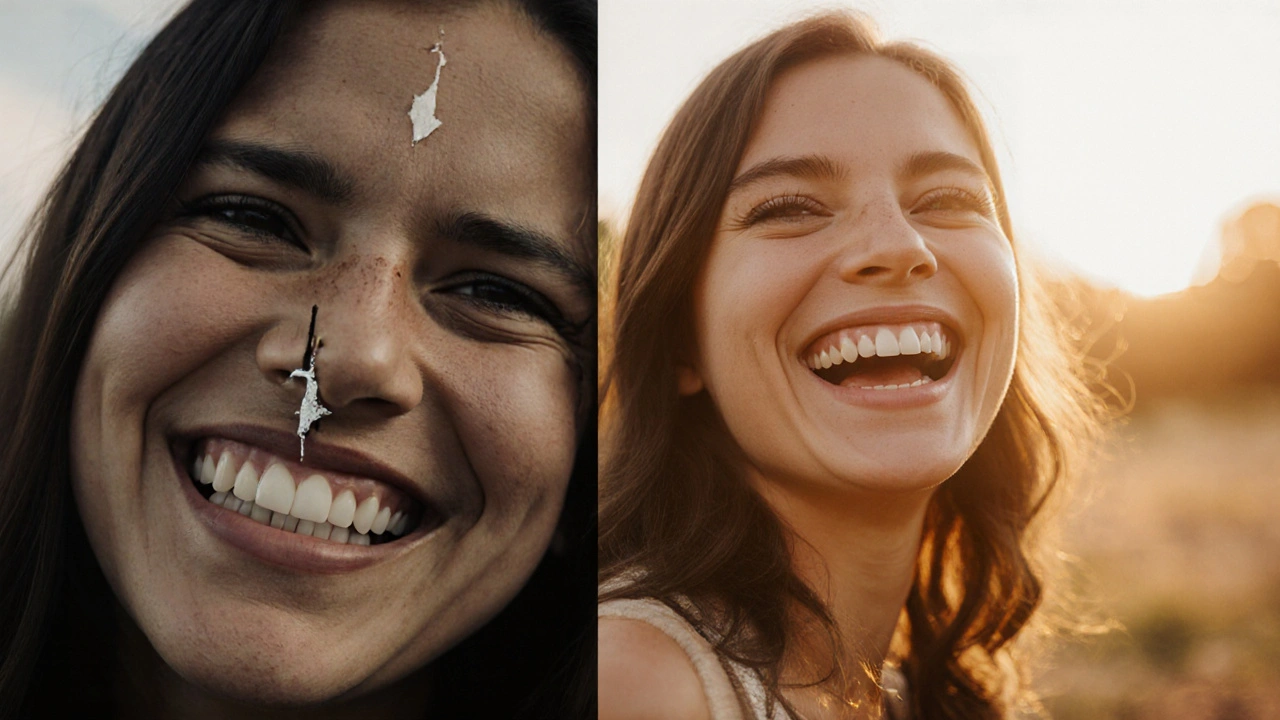 Dva pohledy na stejnou osobu: s poškozeným a opraveným předním zubem, kontrast sebevědomí.