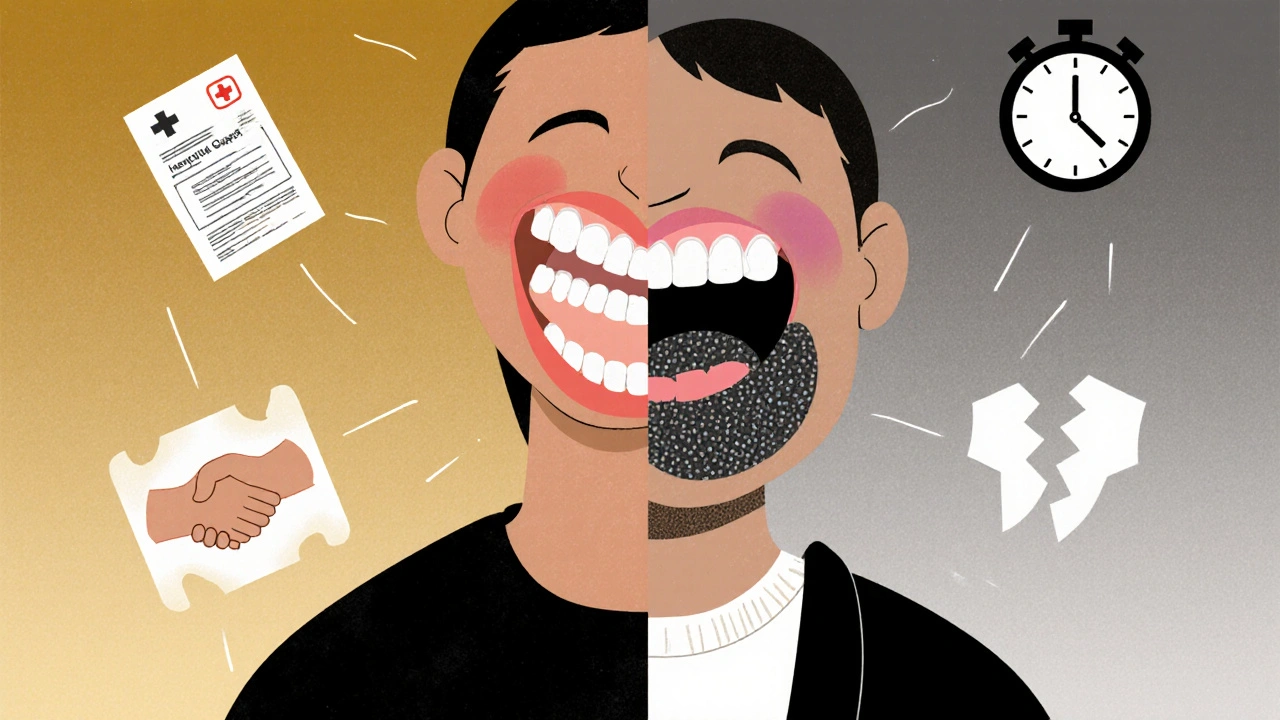 Dvě tváře jedné osoby: zdravá vs. zničená zuby a dásněmi s výraznými následky.