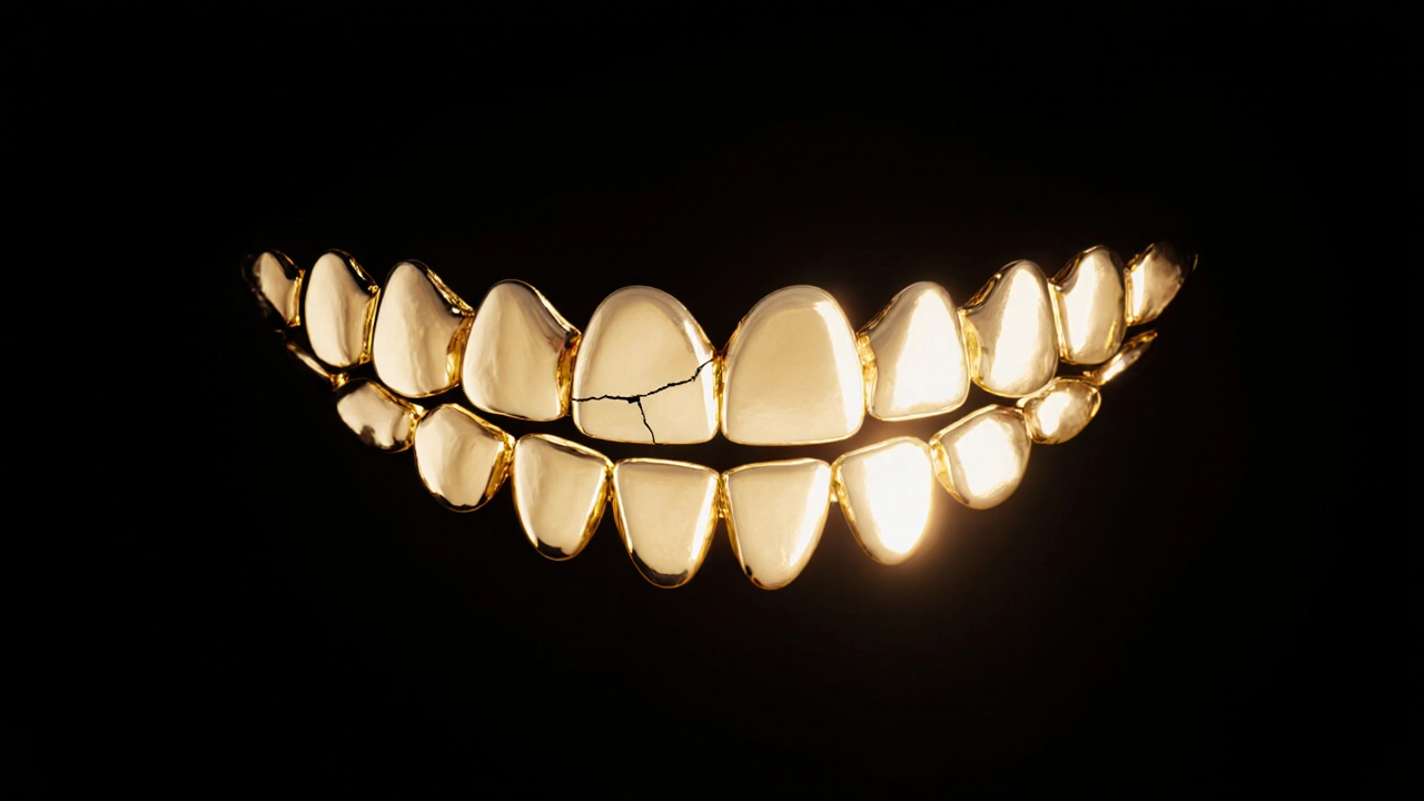 Keramické fazety jako zářící dlaždice, symbolizující krásu, trvanlivost a opravitelnost.