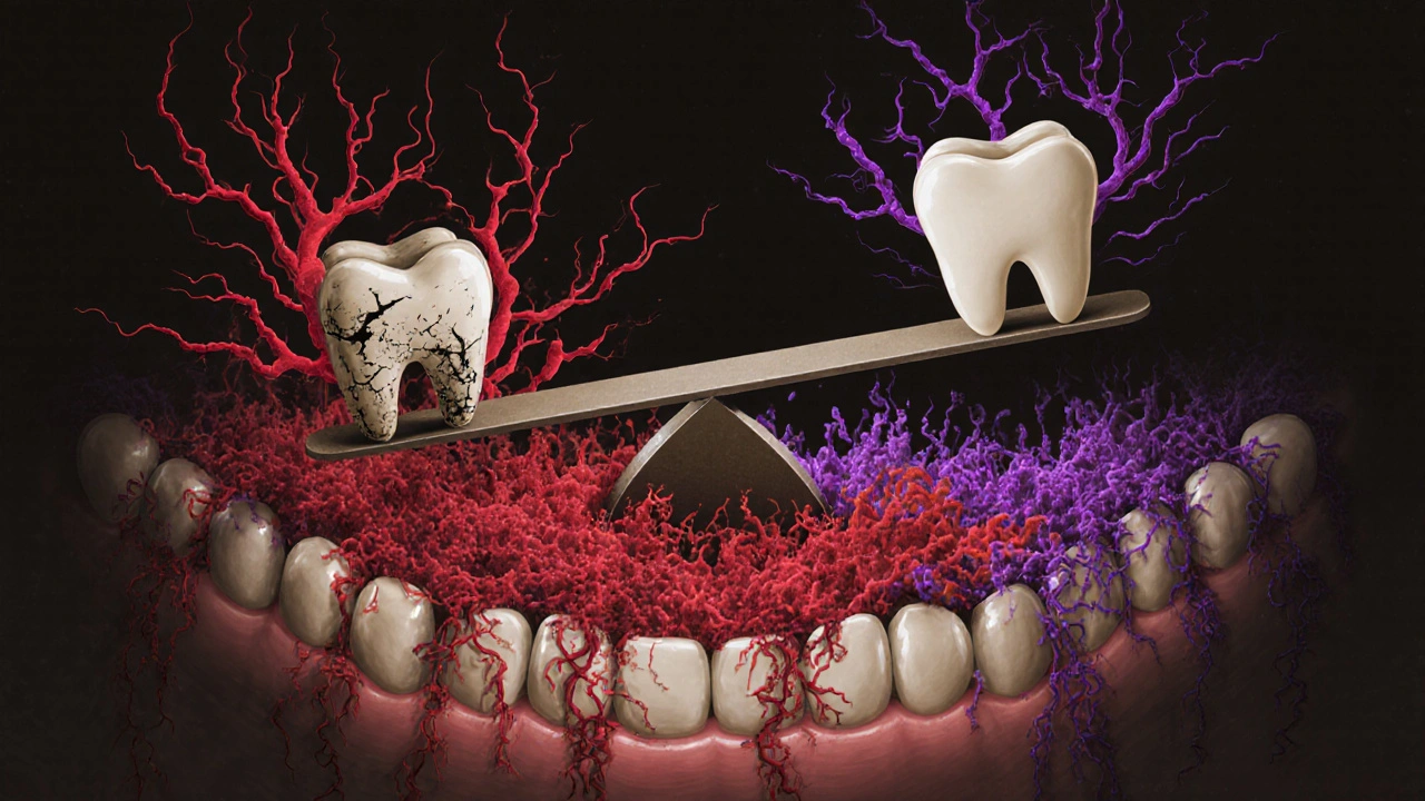 Koncepční ilustrace bakterií šířících se jako invazivní rostliny v ústní dutině.