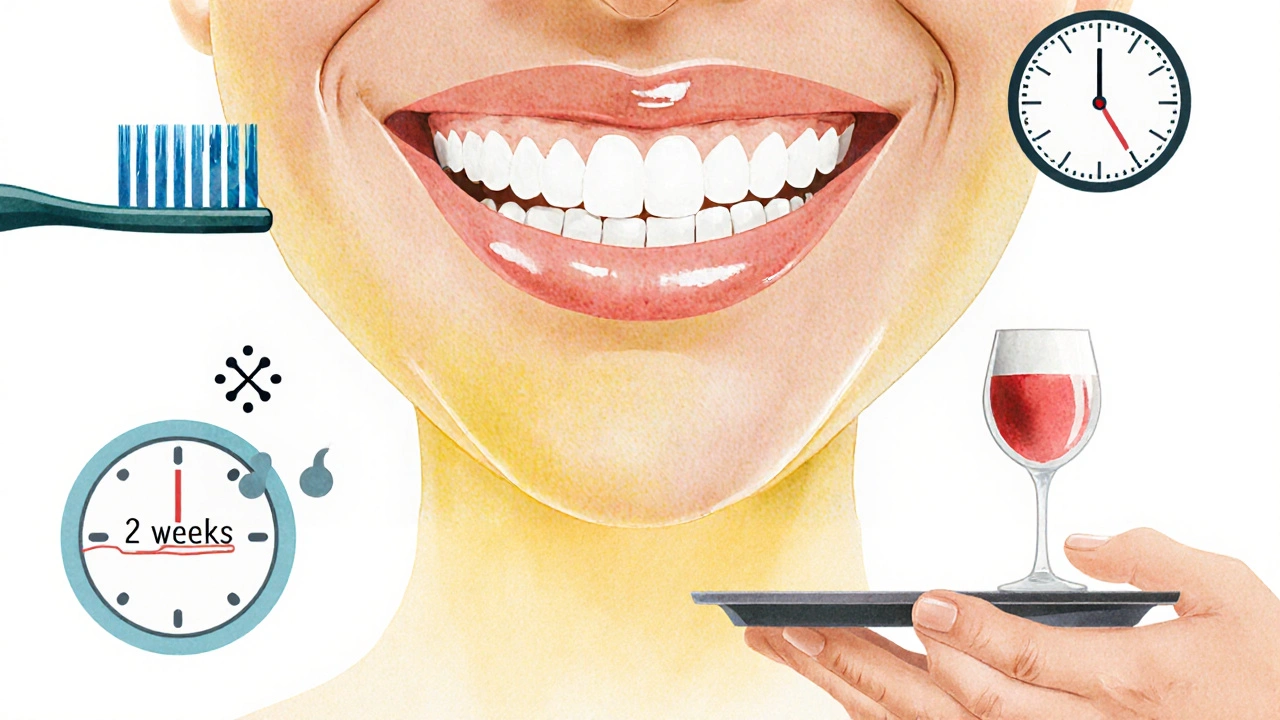 Koncepční obrázek úsměvu, který se mění z žlutého na bílý, s symboly péče o zuby.