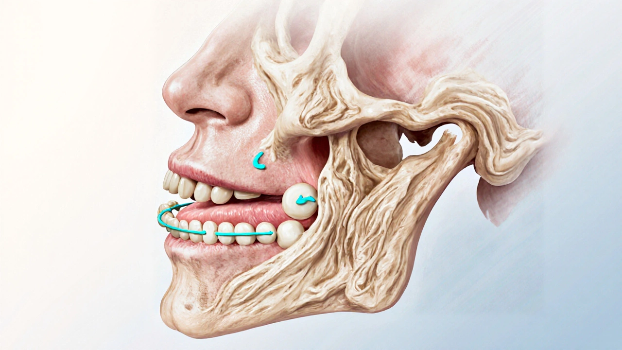 Křížový řez čelisti ukazující, jak rovnátka přesouvají zuby a mění kost.