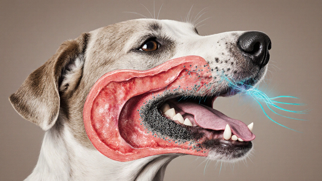 Křížový řez psího ústního ústrojí ukazující rozpad zubního kamene pod ultrazvukem a hojení dásní.