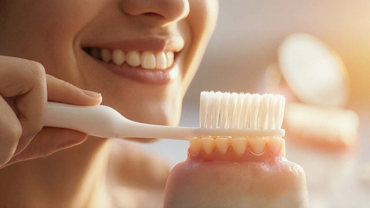 Měkký kartáček provádí kruhové pohyby na zubech, s viditelnou ochrannou vrstvou.