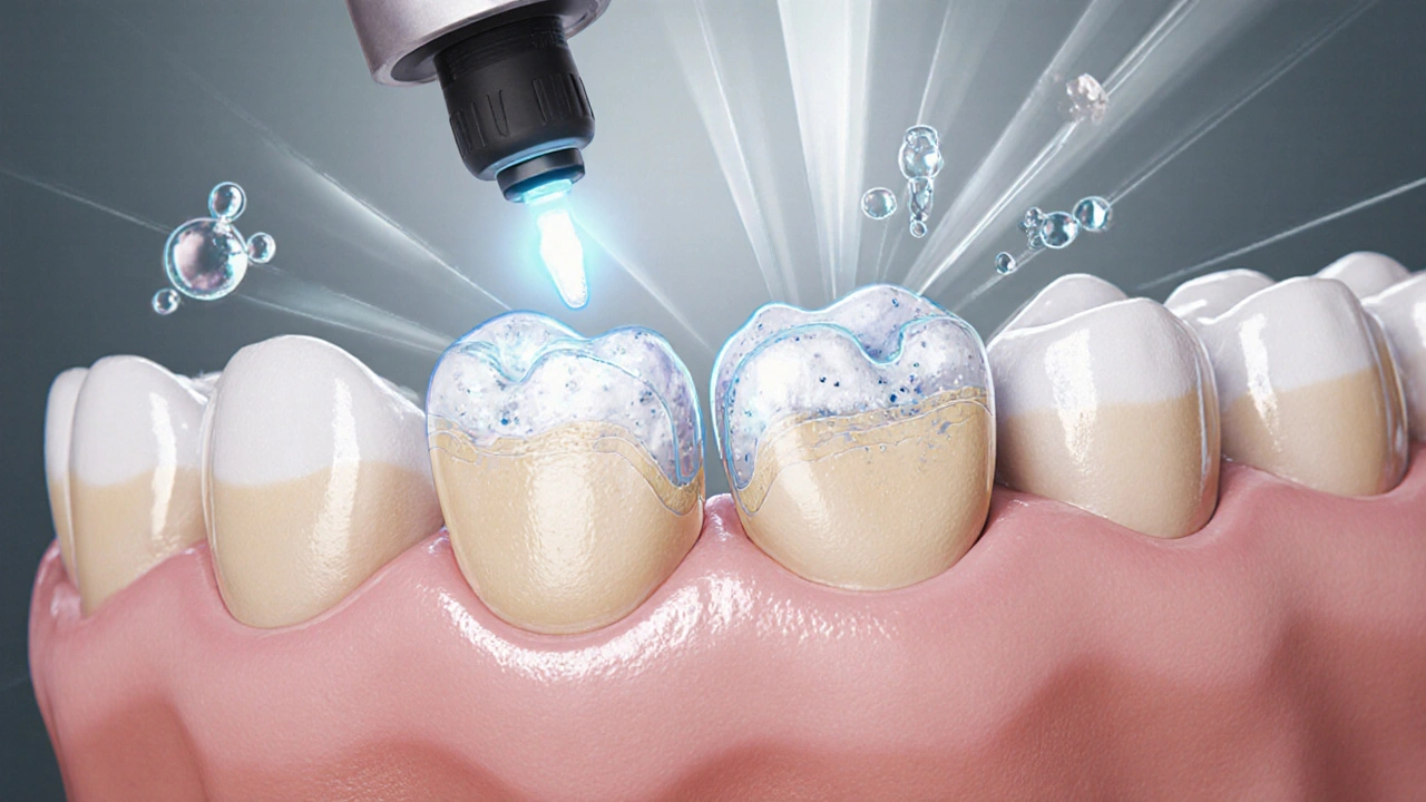 Mikroskopický řez zubem s viditelnými vrstvami ortodontického lepidla a závěsem.