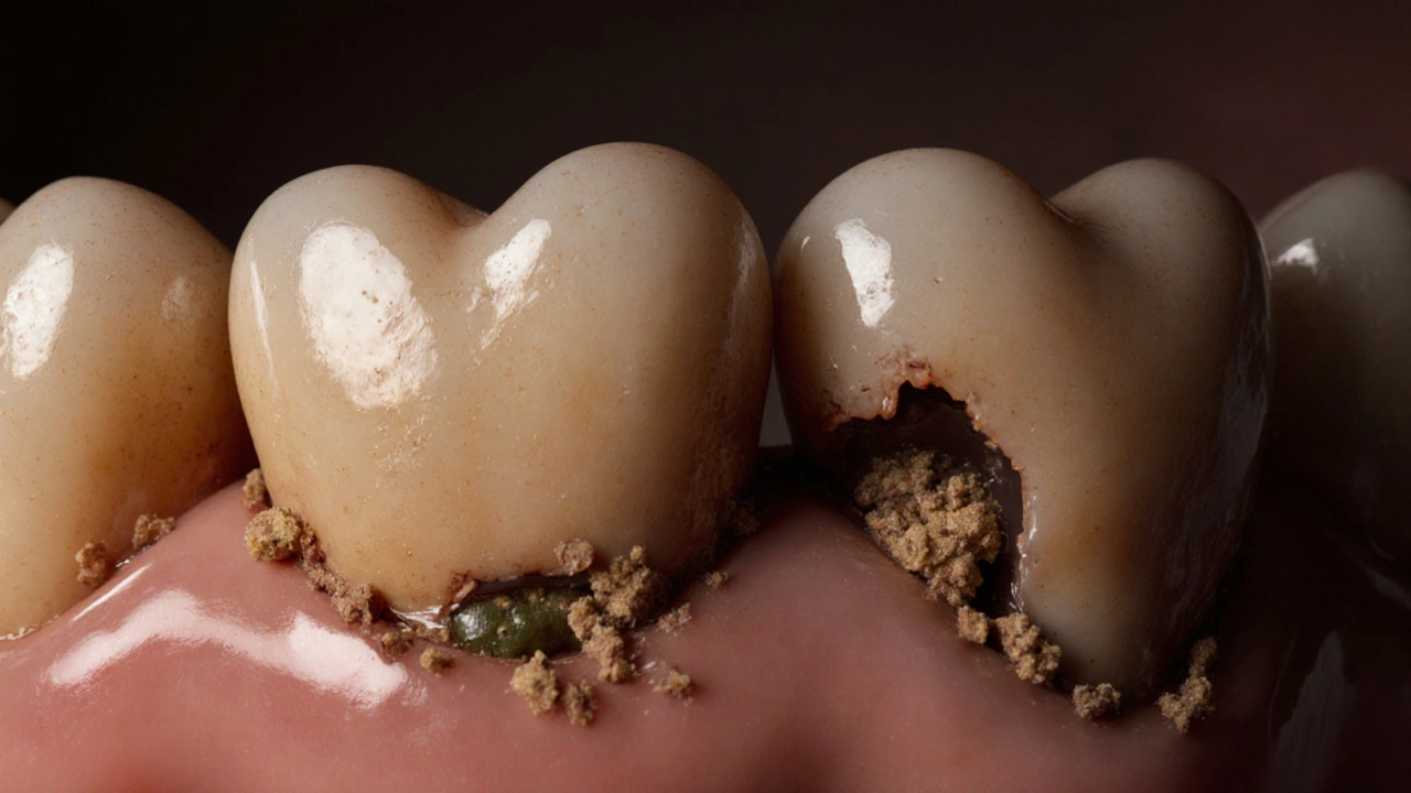 Moláry s hlubokými brázdami plnými zbytků potravy a odstupujícími dásněmi.