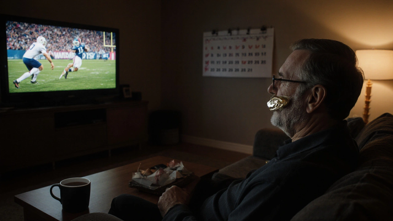 Muž sleduje fotbal s bělicí plackou v ústech, káva na stole, klidná noční atmosféra.