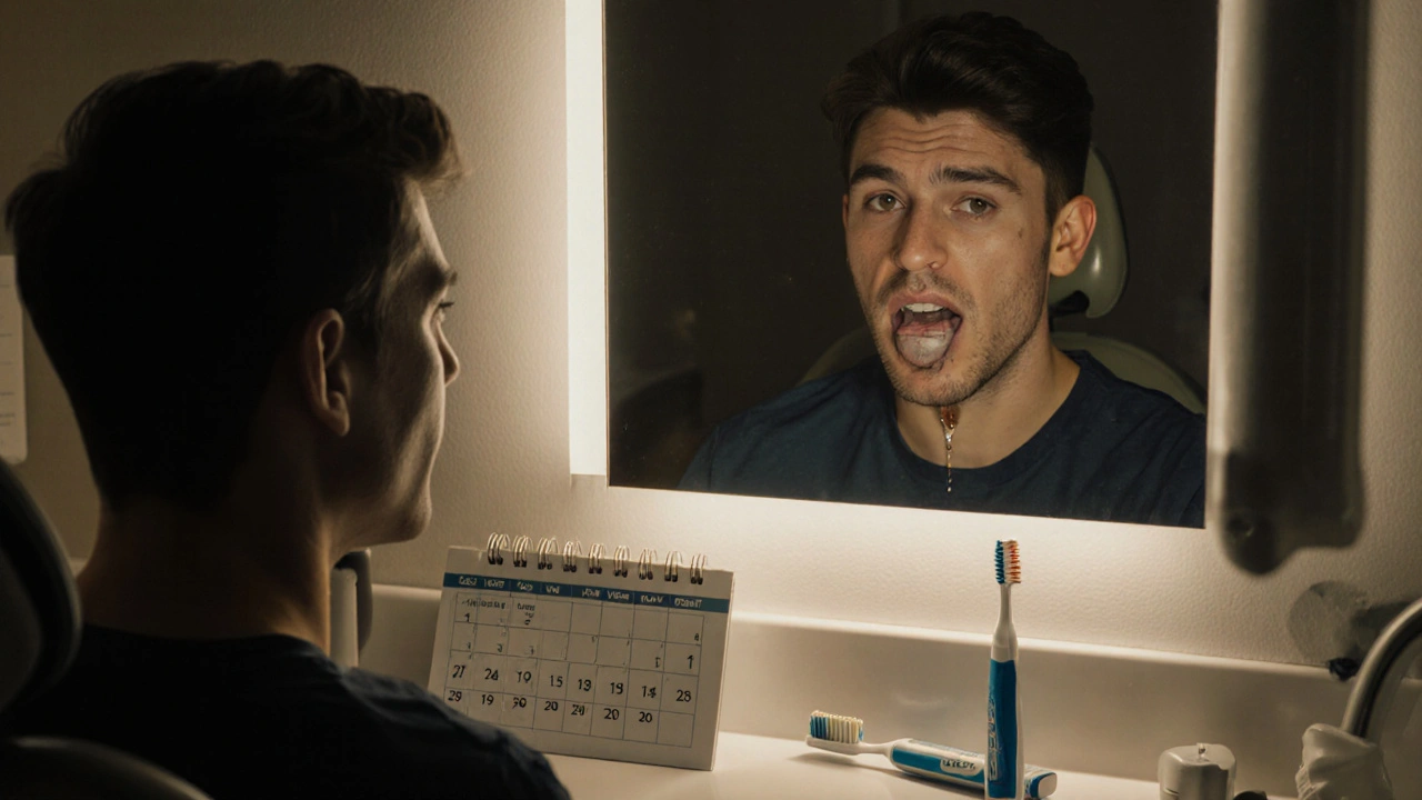 Muž v zubní klinice s úzkostným výrazem, odrážející se v zrcadle s poškozenými zuby.