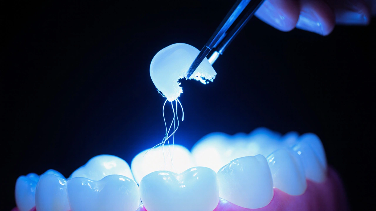 Odpojený závěs visí nad zubem, spojený zbytky lepidla, zatímco jej lékař znovu připevňuje.