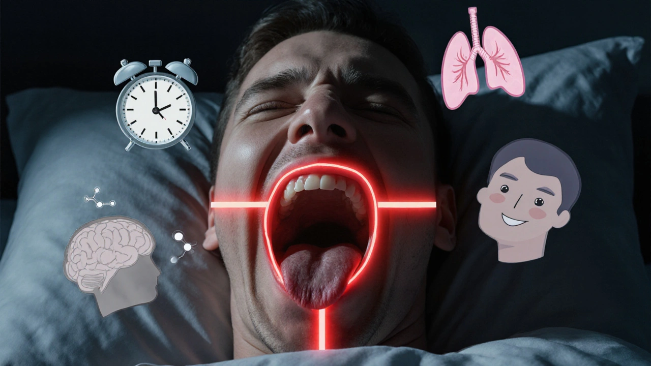 Osoba ve spánku s viditelnou překážkou v dýchacích cestách, symboly únavy a zdraví se navzájem bojují.