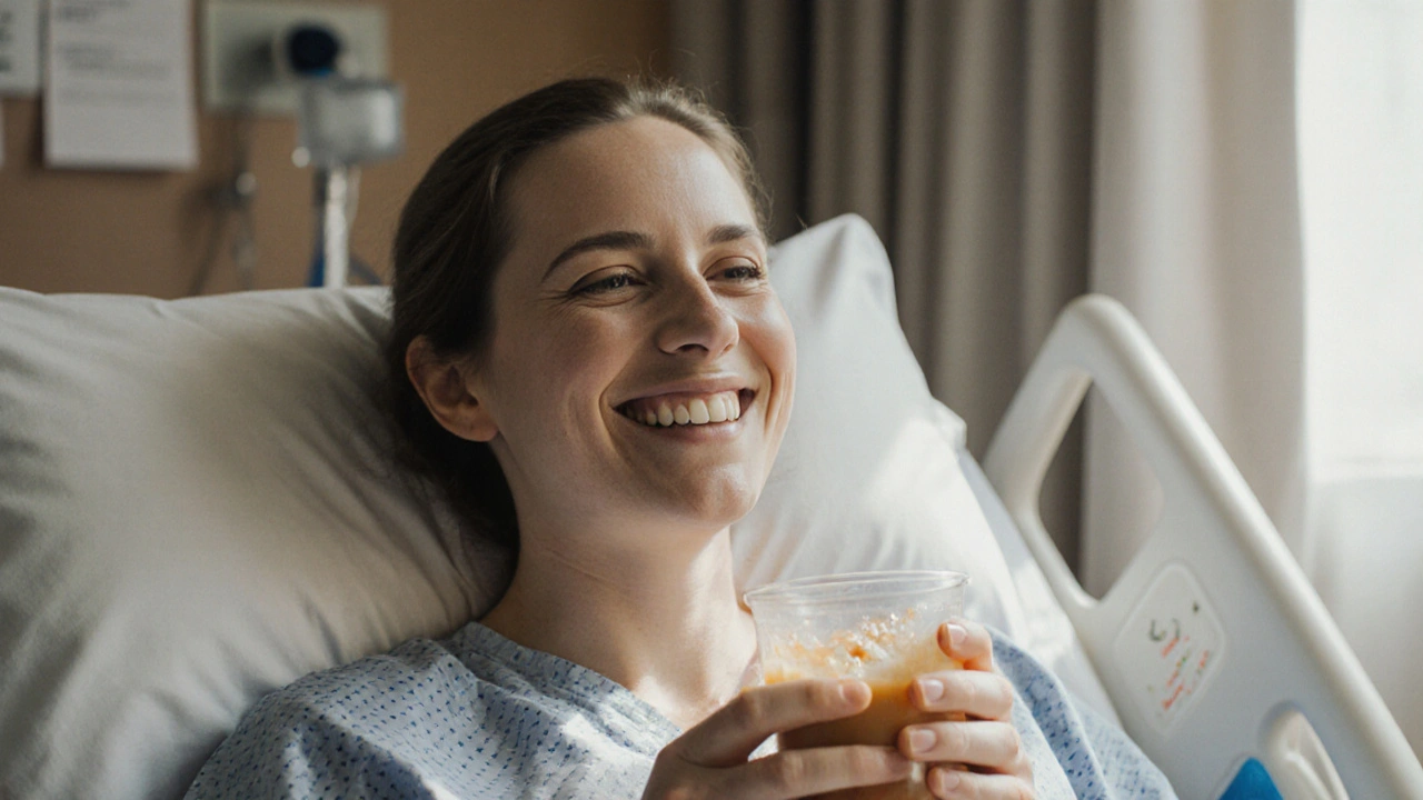 Pacient v klidu po operaci čelisti, klidně pije tekutinu s mírným otokem.