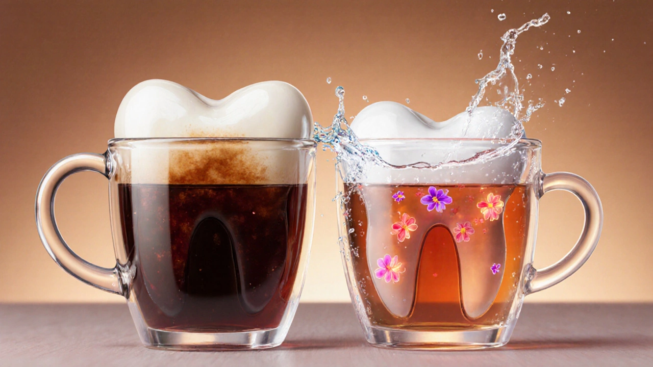 Porovnání zubu s tmavou skvrnou od černého čaje a čistého zubu vedle hibiskového čaje.