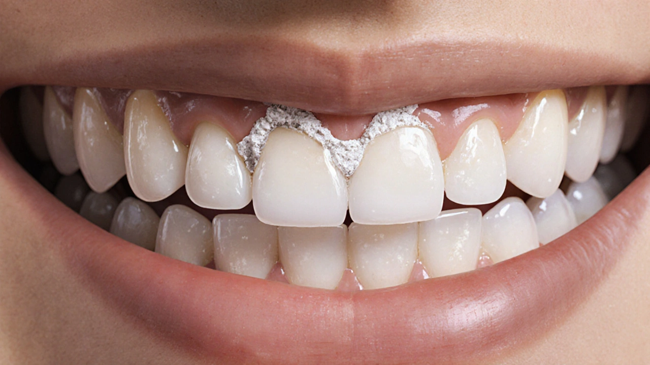 Poškození emalu na zubech s bílými skvrnami v důsledku špatné hygieny.