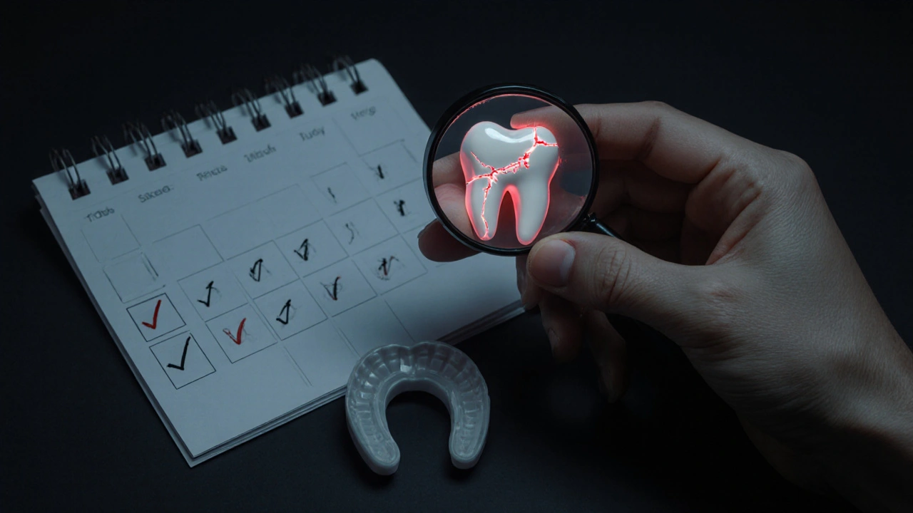 Poškozený keramický zub pod zvětšovacím sklem, s časovou osou a noční ochranou na pozadí.