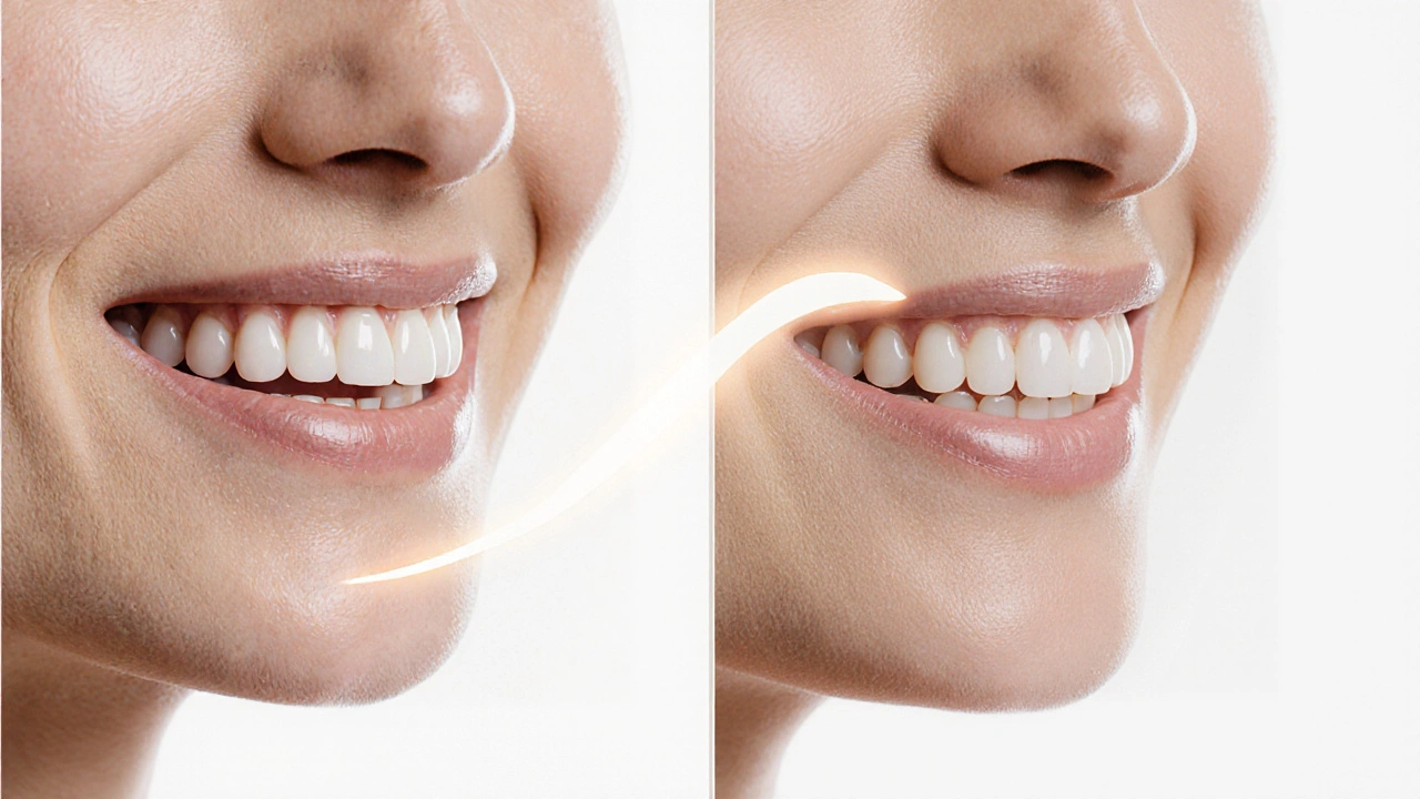 Před a po: křivý zub přeměněný na přirozeně vypadající zub s keramickou korunkou.