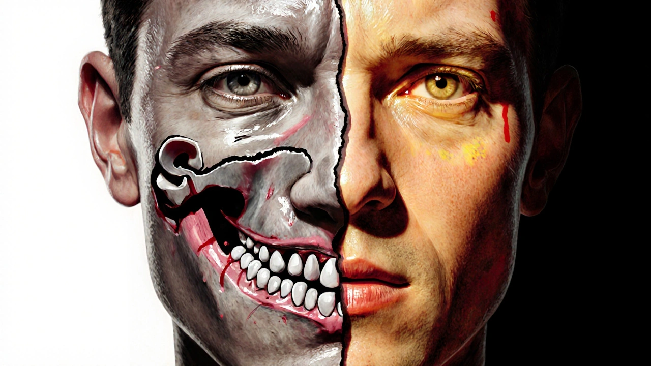 Před a po transformaci obličeje: poranění vs. obnovená funkce a symetrie.