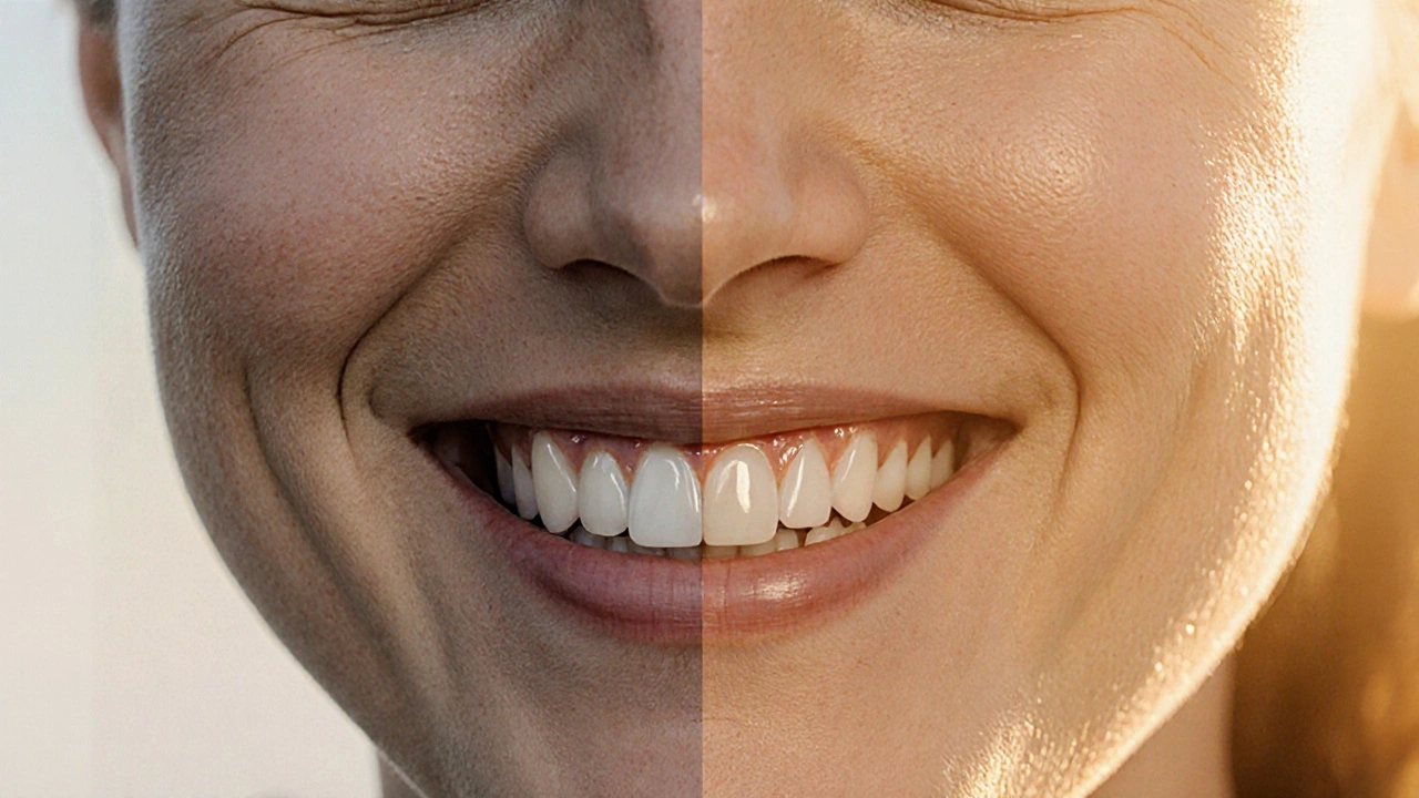Před a po: zuby s vadami přecházejí do zářivého úsměvu s fazetami.