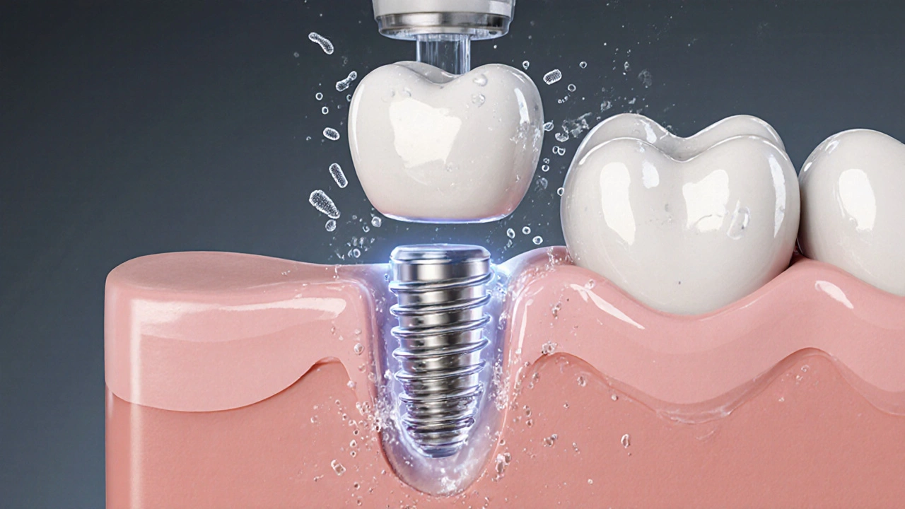 Příčný řez keramického zubu s implantátem a zdravými dásněmi, s vodním proudem čistícím bakterie.