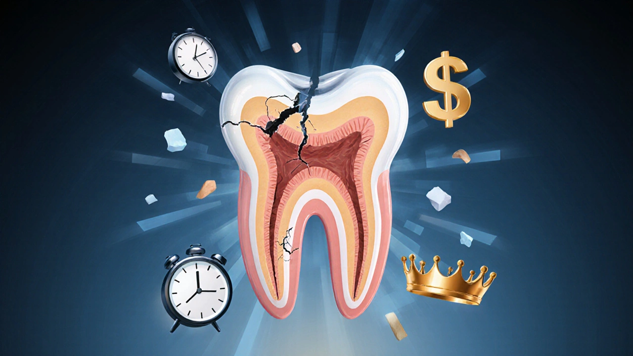 Příčný řez zubem s poškozeným nervem a odpočívající náplní, symboly skrytých nákladů.