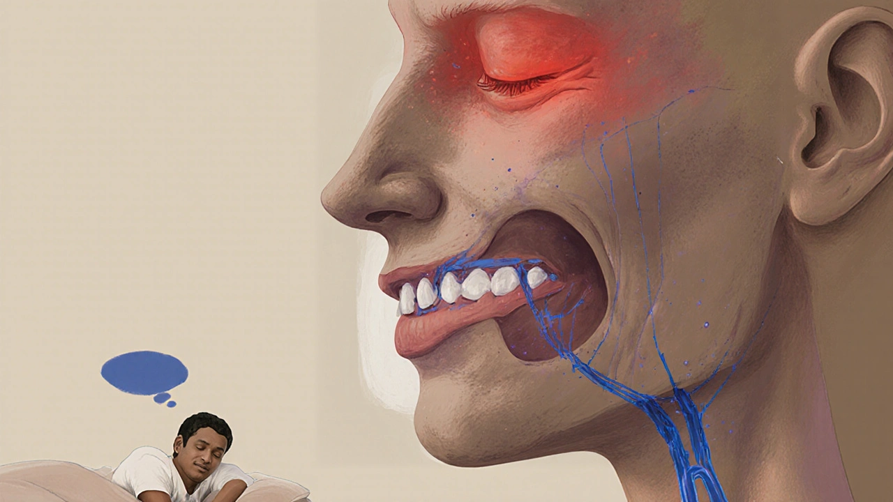 Profily lidské hlavy s průhlednou anatomickou vizualizací zúženého dýchacího cesty kvůli předkusu.