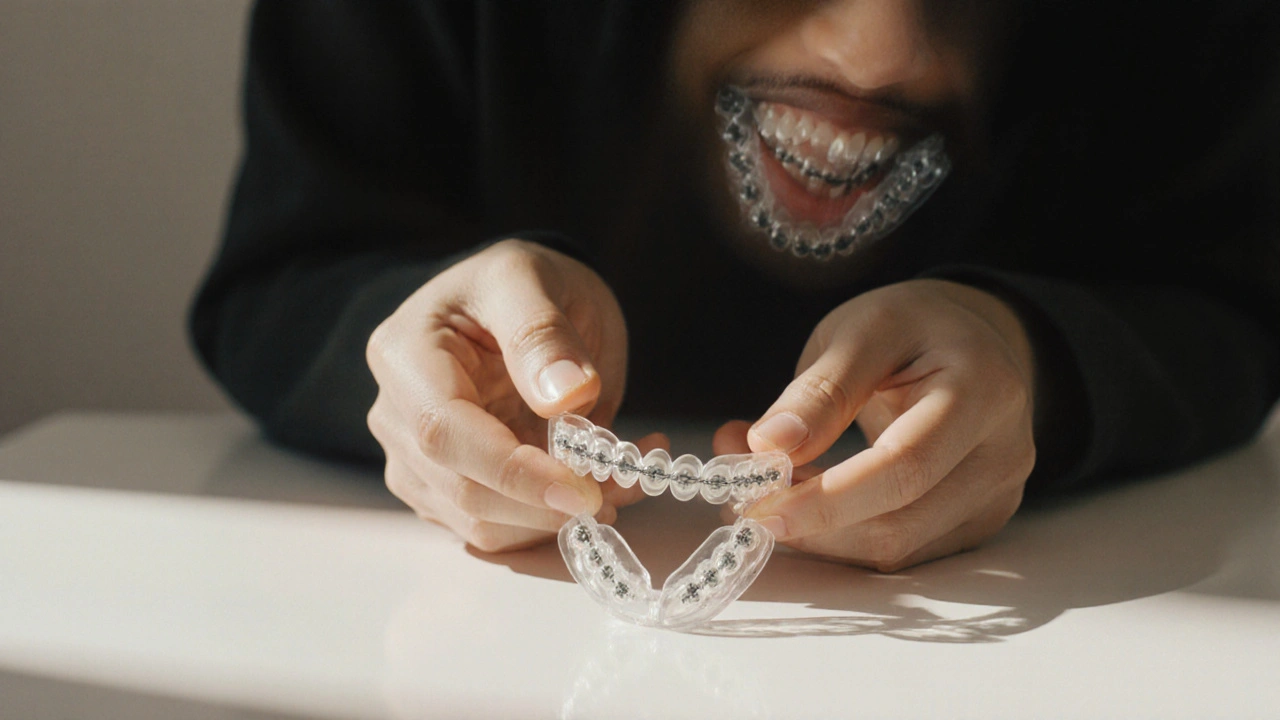 Průhledný retentor na bílém pozadí s odrazem usměvavého obličeje.