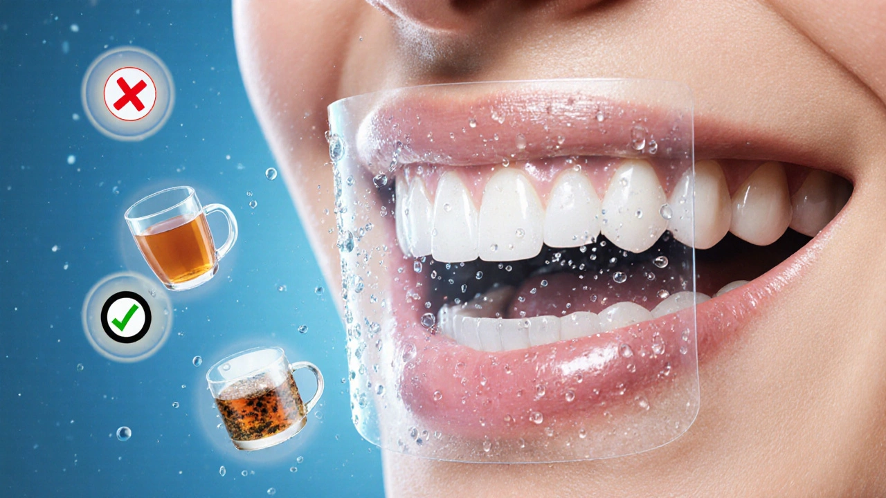 Průhledný ústní výřez s ochrannými kapkami vody a různými druhy čaje označenými symboly.