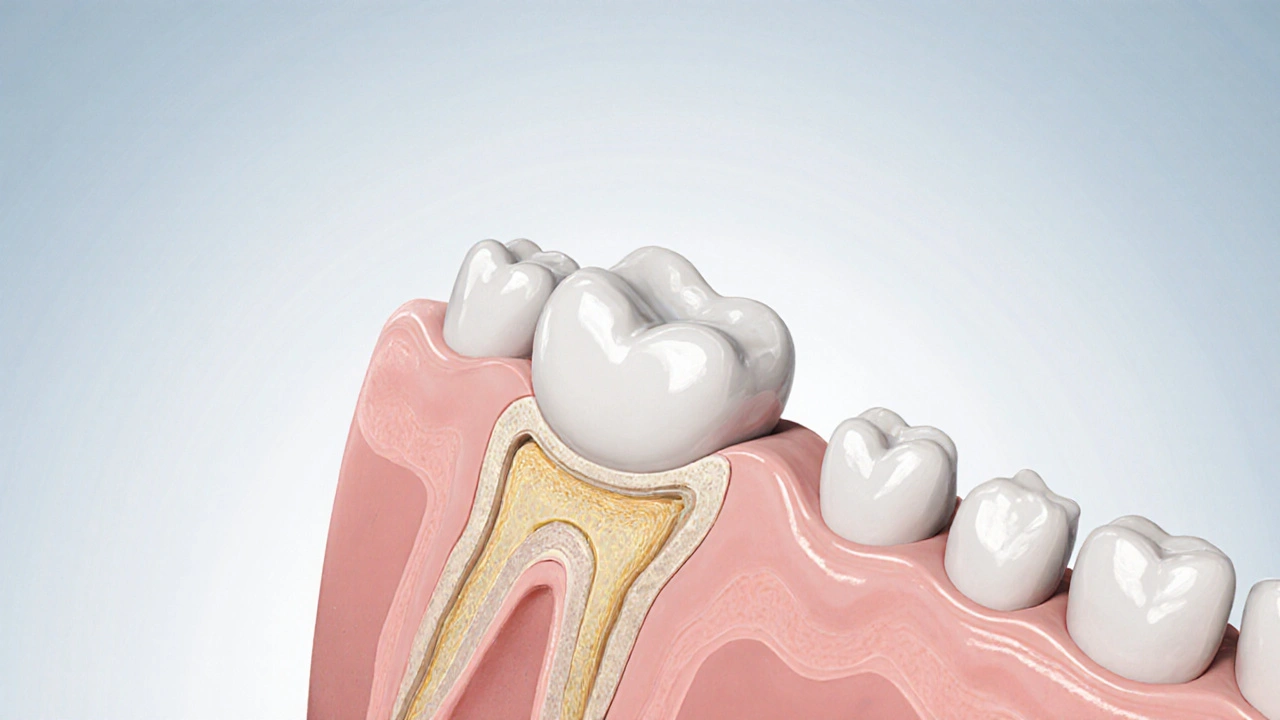 Průřez zubu s keramickou korunkou, ukazující přirozenou strukturu a průhlednost keramiky.