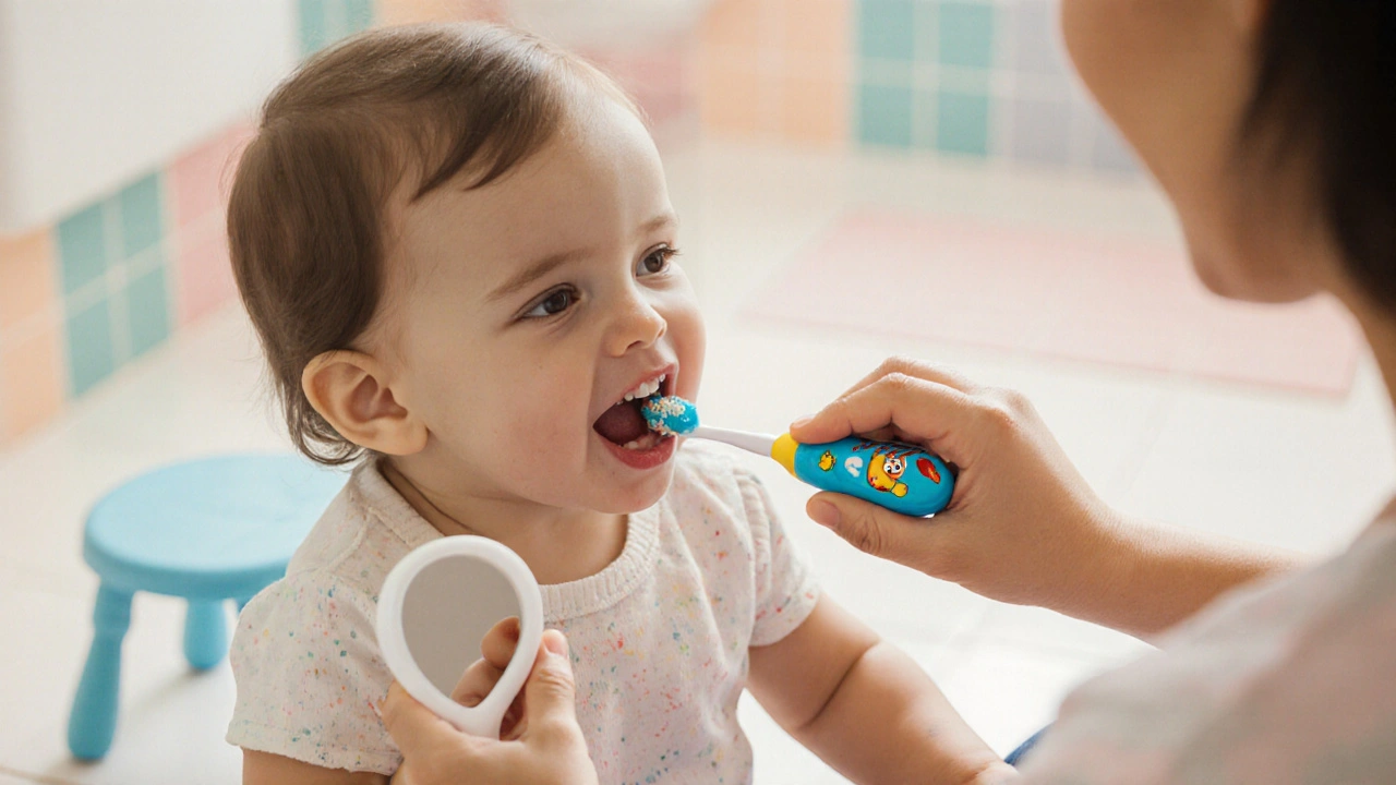 Rodič čistí zoubky malého dítěte měkkým kartáčkem, zatímco dítě sleduje sebe v zrcátku.