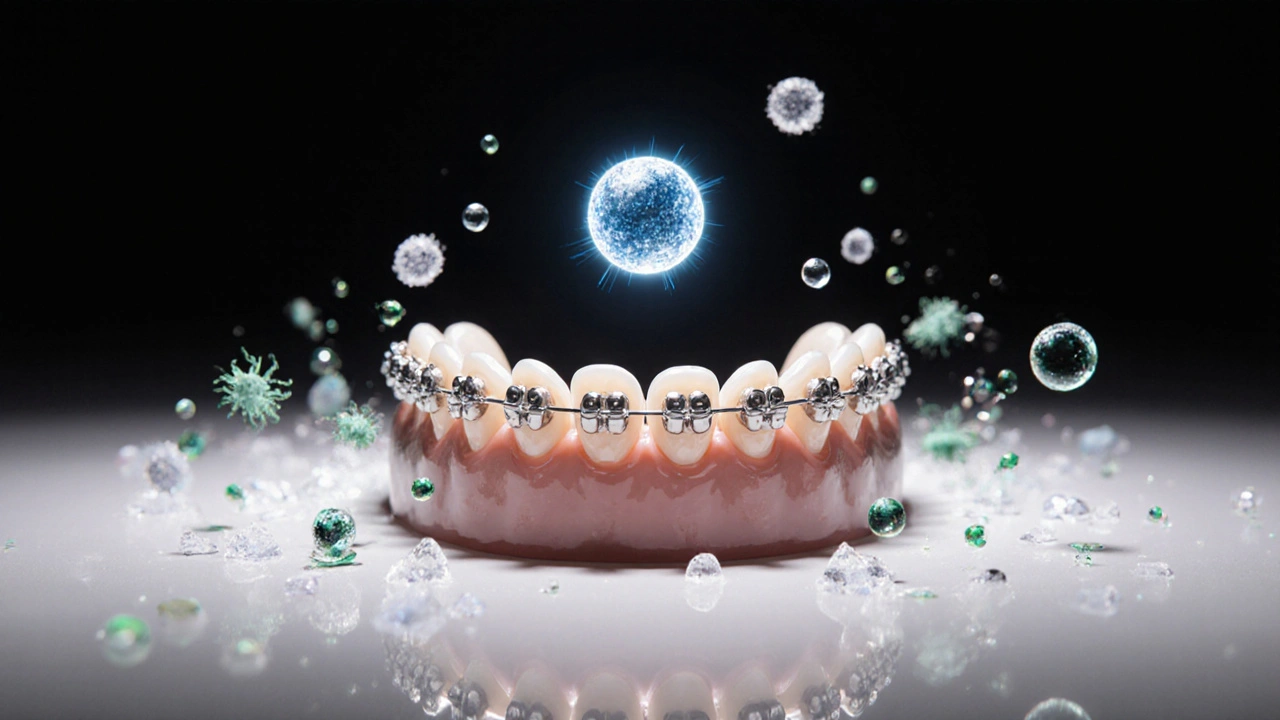 Rovnátka s mikroby a cukrem, proti nimž působí fluoridová molekula.