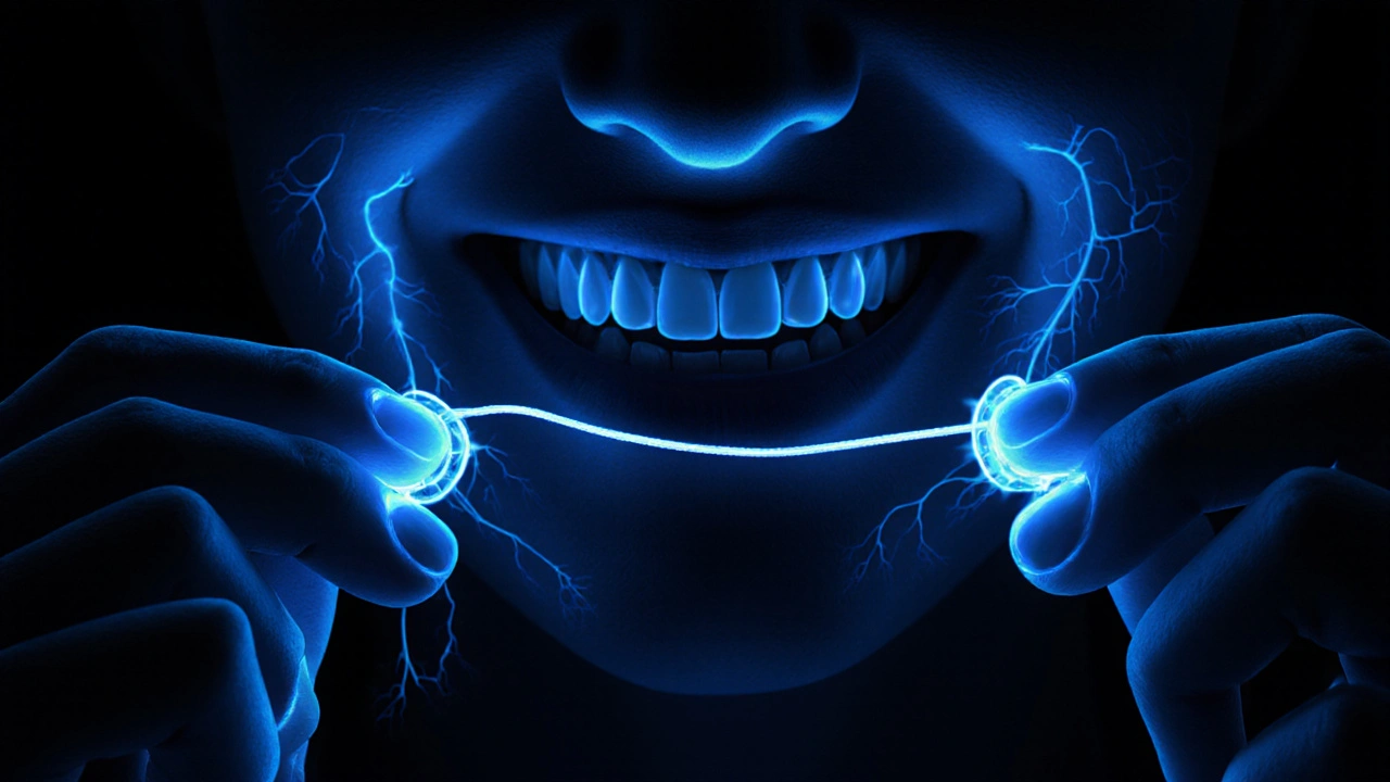 Ruka drží zubní nit, kolem zubů se objevuje světlá ochranná vrstva proti bakteriím.