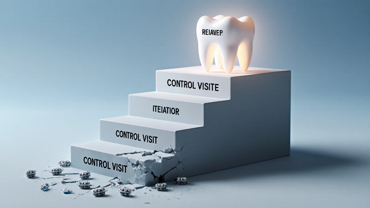 Schody z malých zubů vedou k retenci, ztracené kroky symbolizují vynechané kontroly.